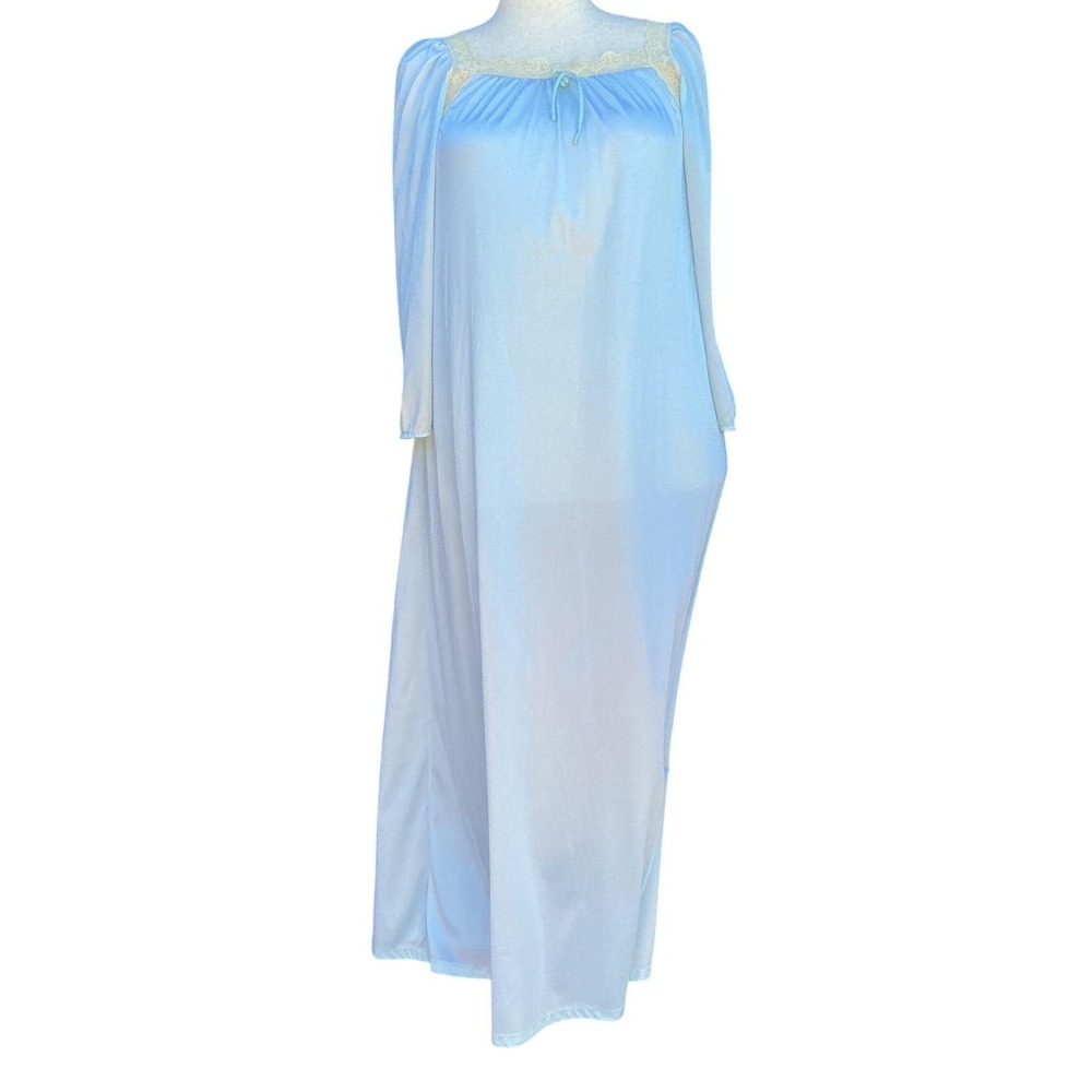 Vintage Nightgown Light Blue Lace Trim Long Sleeve Floor Length Cottagecore L